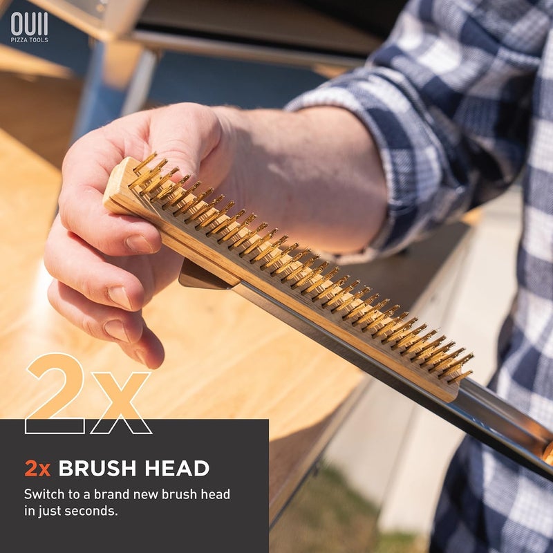 OUII 26'' Pizza Oven Brush with Stone Scraper - Includes 2 Brush Heads, Heat-Resistant Gold Stainless Steel Bristles - Long Grip Handle, Compatible with Ooni, Gozney, Blackstone, Solo Stove Ovens - Image 5